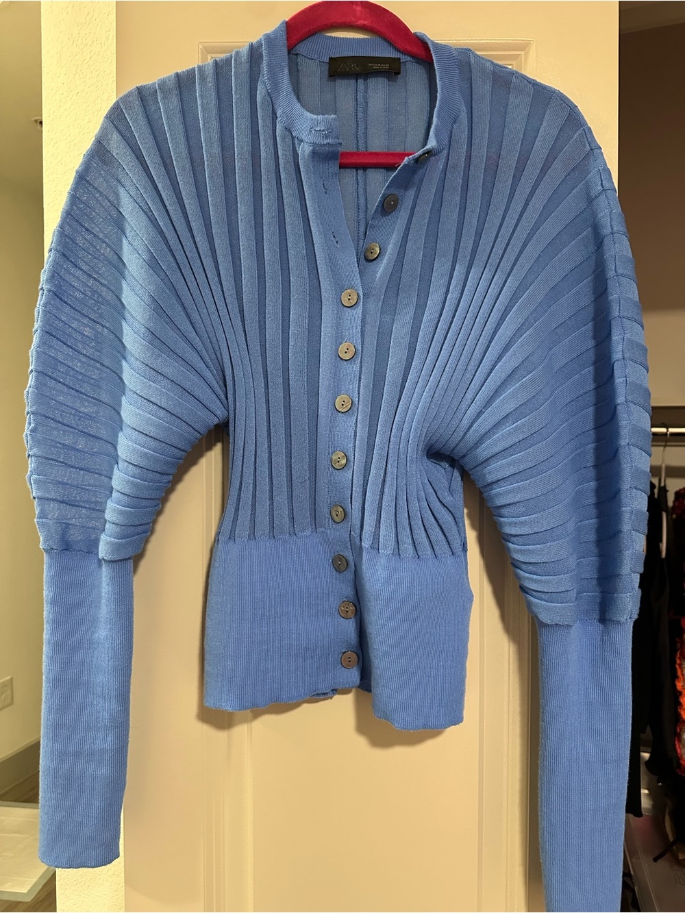 Zara Blue Ribbed Button-Front Women's cardigan Sweater